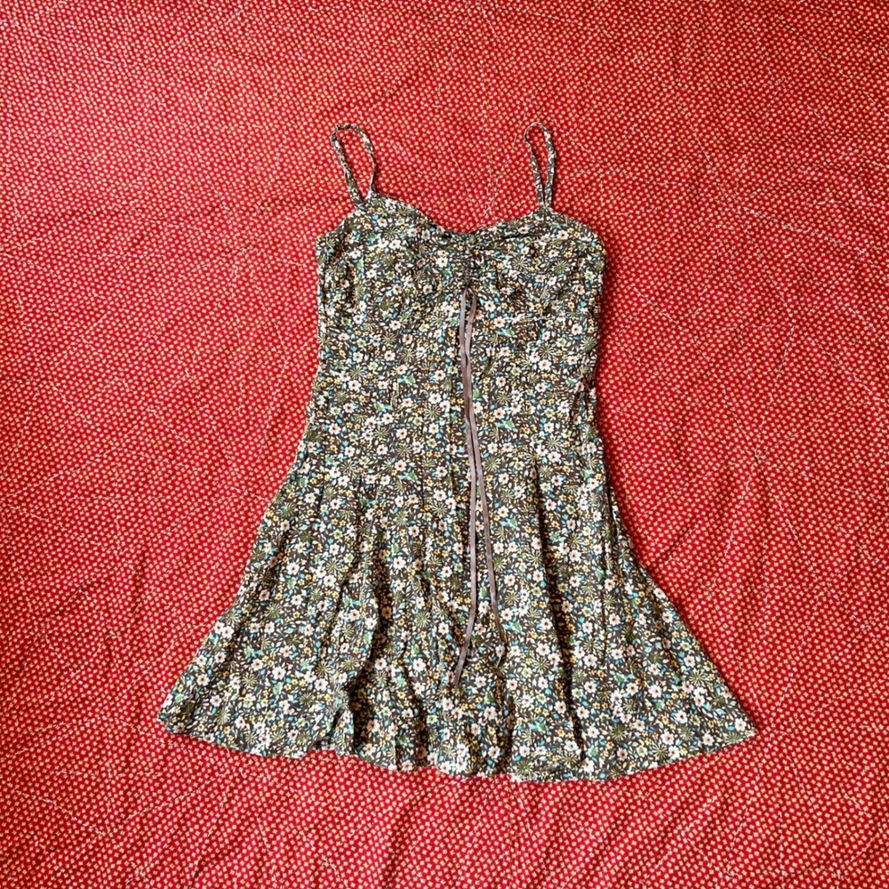 Romantic Line Vintage Floral Mini Dress Brown Cotton Sundress Size 4